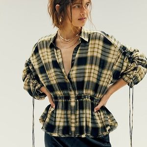 FREE PEOPLE Green Pacific Dawn Plaid Peplum Shirt